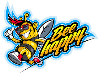 Cartoon style smiling happy bee in sunglasses, vector cartoon character.