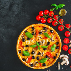 pizza (mushrooms, olives, chicken, tomato sauce, cheese). Top view. copy space
