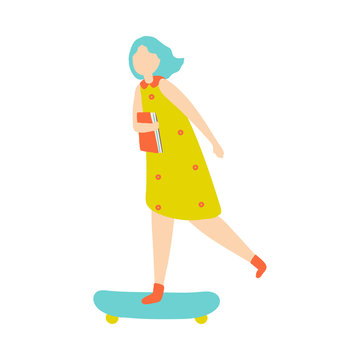 Cute student girl with school book ride on skateboard