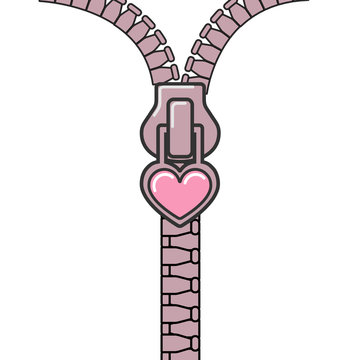 Cute zipper in form of small pink heart. Puppet style, dolls. Partially closed and open zipper. Vector illustration