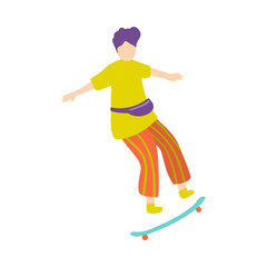 Violet hair modern girl in red pants ride on skateboard