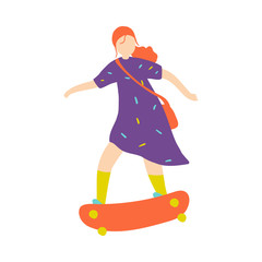 Cute red hair girl in violet dress ride on skateboard