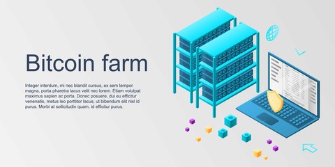 Bitcoin farm concept banner. Isometric illustration of bitcoin farm vector concept banner for web design