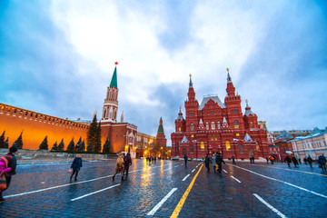 Red Square, Kremlin. Evening photos in the center of Moscow. The lights are on the building