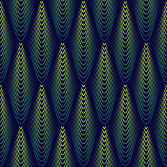 Abstract peacock feathers background - seamless pattern design with curved lines on dark background