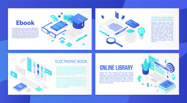 Ebook banner set. Isometric set of ebook vector banner for web design