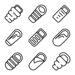 Sleeping bag icons set. Outline set of sleeping bag vector icons for web design isolated on white background