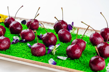 Top view catering banquet table with different food snacks and appetizers. Cold snacks, close up. Assorted canapes with caviar and cherry on green decoration, white background. Party food.