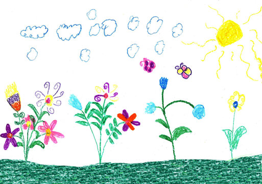 Child drawing butterfly and flowers