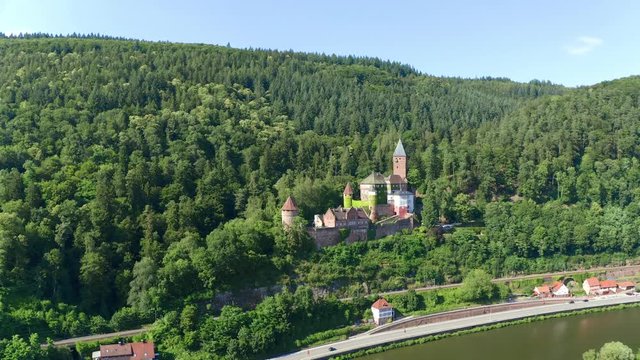 Aerial view, flight at Zwingenberg Castle, river Neckar, Odenwald, Baden-Wurttemberg, Germany