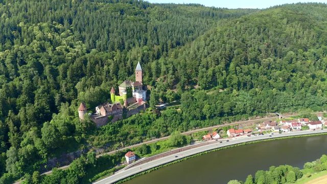 Aerial view, flight at Zwingenberg Castle, river Neckar, Odenwald, Baden-Wurttemberg, Germany