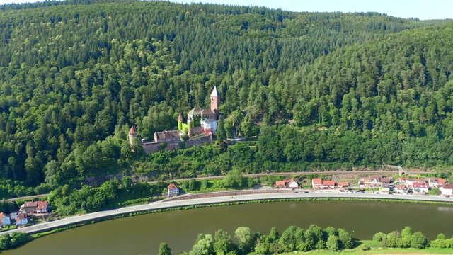 Aerial view, flight at Zwingenberg Castle, river Neckar, Odenwald, Baden-Wurttemberg, Germany