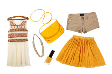 collage of collection female summer clothes isolated on white background