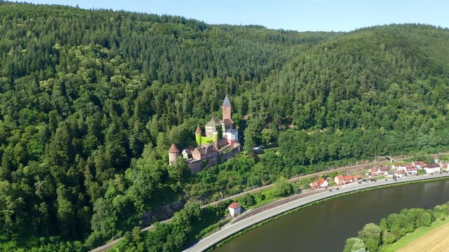 Aerial view, flight at Zwingenberg Castle, river Neckar, Odenwald, Baden-Wurttemberg, Germany