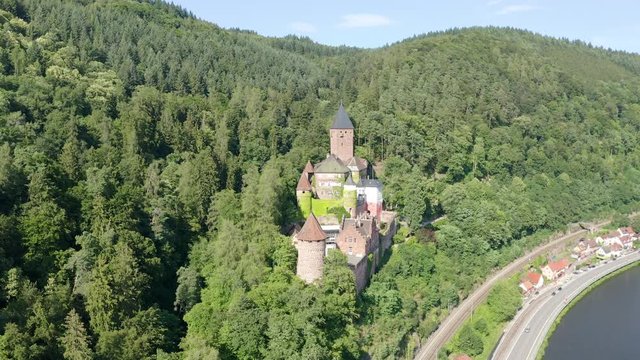 Aerial view, flight at Zwingenberg Castle, river Neckar, Odenwald, Baden-Wurttemberg, Germany