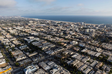 Aerial cityscape view of homes and buildings near downtown Santa Monica in Los Angeles County, California.  