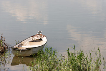 Zywieckie lake. Boat on a lake in Poland. Parking for anglers.