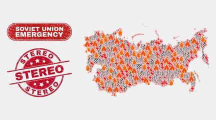 Vector collage of hazard Soviet Union map and red round textured Stereo stamp. Emergency Soviet Union map mosaic of burning, power hazard items. Vector collage for emergency services,