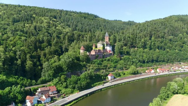 Aerial view, flight at Zwingenberg Castle, river Neckar, Odenwald, Baden-Wurttemberg, Germany