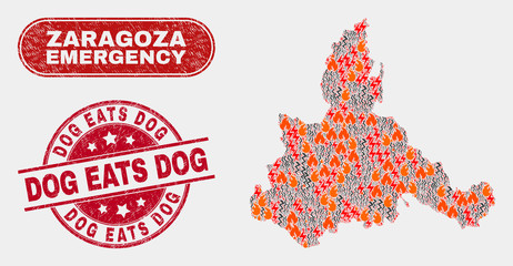 Vector composition of danger Zaragoza Province map and red rounded distress Dog Eats Dog seal stamp. Emergency Zaragoza Province map mosaic of wildfire, energy shock elements.