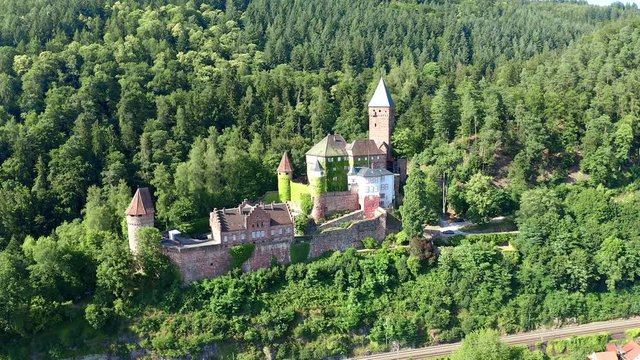 Aerial view, flight at Zwingenberg Castle, river Neckar, Odenwald, Baden-Wurttemberg, Germany