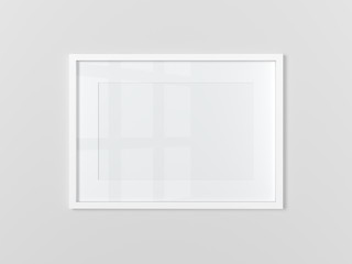 Blank white rectangular photo frame on light gray wall. Horizontal. 3d illustration. Mock up.