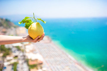 Big yellow lemon in hand in background of mediterranean sea and sky.