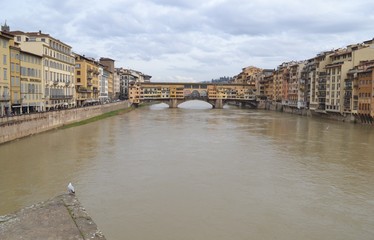 Fototapeta premium View of the Ponte Vecco bridge, ancient buildings and the Arno River in Florence on an overcast day.