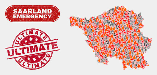Vector composition of hazard Saarland Land map and red round scratched Ultimate seal stamp. Emergency Saarland Land map mosaic of fire, electric hazard icons.