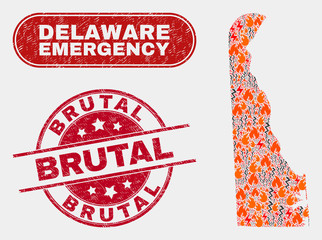 Vector collage of firestorm Delaware State map and red round textured Brutal seal stamp. Emergency Delaware State map mosaic of destruction, power shock icons. Vector collage for emergency services,