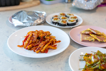 Delicious spicy stir fried squid on a plate, Korean food