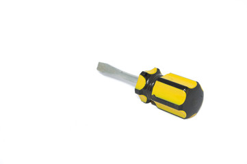 small yellow and black screwdriver hand tool, isolated on white background