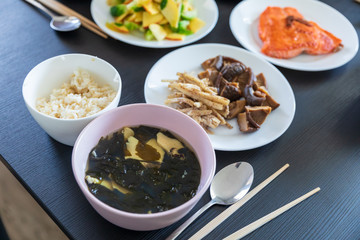 Seaweed soup, rice and various side dishes, Korean food