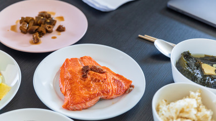 Roast salmon and various side dishes, Korean food