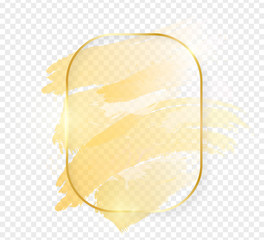 Gold shiny glowing rectangle frame with golden brush strokes isolated on transparent background. Golden luxury line border for invitation, card, sale, fashion, wedding, photo etc. Vector illustration