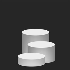 Realistic round white pedestal sanctified. Empty white podium mockup isolated on black background. Champion, first place, award, win, winner, award stair concept design. Vector