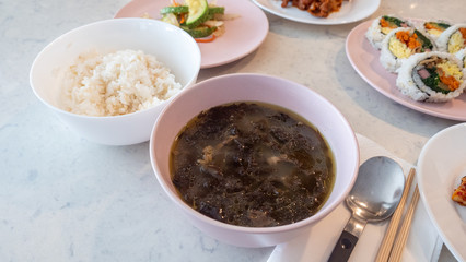 Rice, seaweed soup and side dishes, korean food