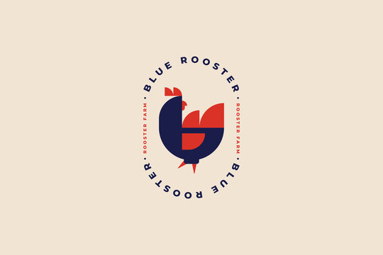 Logo template for poultry farm and poultry farm. Rooster in folk style. Image can be used for packaging design, restaurant menus, market design, butcher shops and chicken farm. Vector illustration.