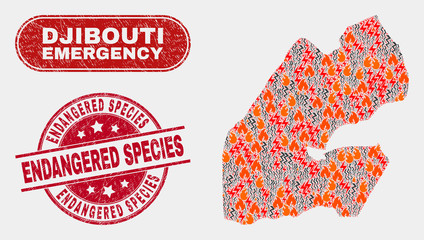 Vector collage of hazard Djibouti map and red round scratched Endangered Species watermark. Emergency Djibouti map mosaic of flame, electric strike elements. Vector collage for insurance services,