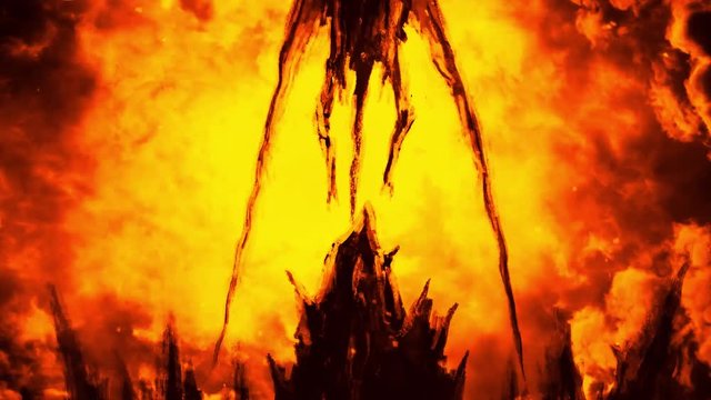 Terrible dark demon flaps its wings and flies up. Animation horror fantasy genre. Hellish flames and sparks. Evil monster with luminous eyes. Orange color background. Creepy animated backdrop movie. 