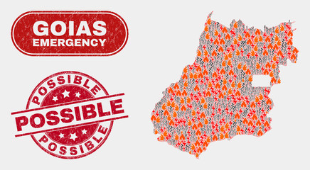 Vector composition of wildfire Goias State map and red round textured Possible seal. Emergency Goias State map mosaic of wildfire, electric flash symbols. Vector composition for emergency services,