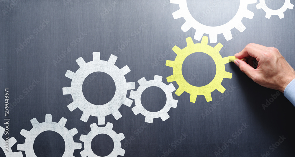Poster business process management and solution. businessman drawing connecting gears on chalkboard.