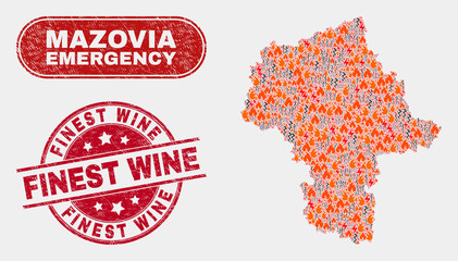 Vector composition of wildfire Masovian Voivodeship map and red rounded distress Finest Wine watermark. Emergency Masovian Voivodeship map mosaic of fire, energy flash items.