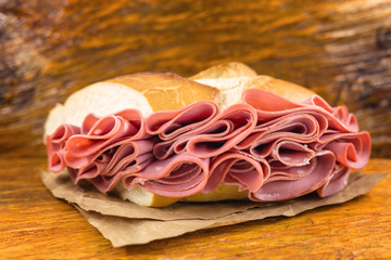 Traditional mortadella sandwich. Salt bread with bologna. Great snack of pork with bread, typical of Brazil.