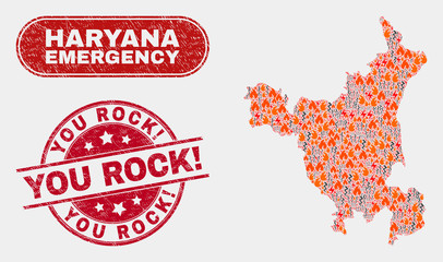 Vector composition of danger Haryana State map and red rounded textured You Rock! seal. Emergency Haryana State map mosaic of fire, energy lightning elements. Vector composition for guard services,