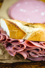 bread with mortadella typical of Brazil. Bakery snack. Snack made at the municipal market of the...