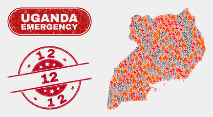 Vector composition of danger Uganda map and red rounded grunge 12 seal stamp. Emergency Uganda map mosaic of wildfire, energy strike icons. Vector composition for safety services, and 12 seal stamp.