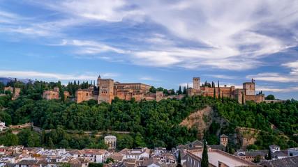 Fototapeta na wymiar Panoramic sight of the Alhambra Palace in Granada Andalusia, Spain. May 23, 2019 