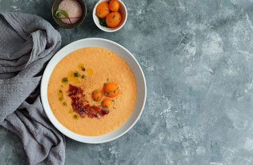 melon cold soup, with jamon, typical spanish