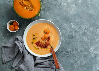 melon cold soup, with jamon, typical spanish